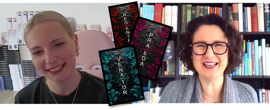 Screenshot aus dem Vodcast-Interview: Jennifer Rolle (LustLektüre) im Gespräch mit Autorin Isabelle North über ihr Buch-Reihe W&R Academy. In der Mitte die Buchcover eingeblendet.