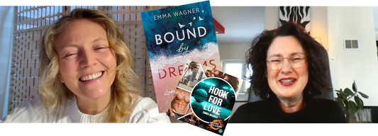 Screenshot aus dem Vodcast-Interview: Jennifer Rolle (LustLektüre) im Gespräch mit Autorin Emma Wagner über ihre Werk und ihr Leben. In der Mitte Buchcover eingeblendet.