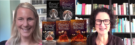 Screenshot aus dem Vodcast-Interview: Jennifer Rolle (LustLektüre) im Gespräch mit Autorin, K. T. Steen, über ihre Eisfeuer-Saga . In der Mitte die Buchcover eingeblendet.