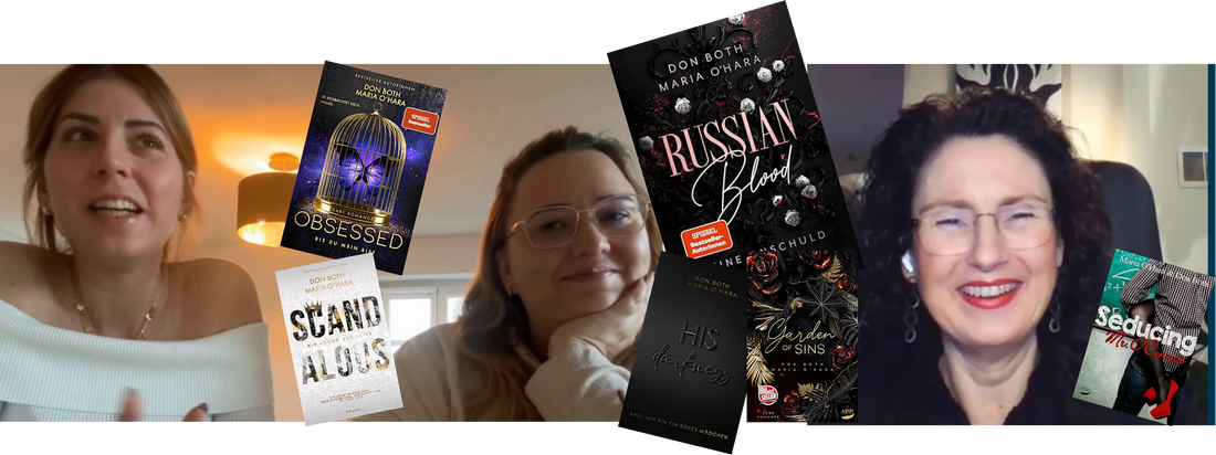 Screenshot aus dem Vodcast-Interview: Jennifer Rolle (LustLektüre) im Gespräch mit Don Both und Maria O‘Hara über ihre Dark Romance-Werke. In der Mitte Buchcover eingeblendet.