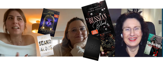 Screenshot aus dem Vodcast-Interview: Jennifer Rolle (LustLektüre) im Gespräch mit Don Both und Maria O‘Hara über ihre Dark Romance-Werke. In der Mitte Buchcover eingeblendet.