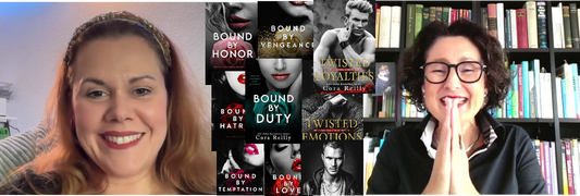 Screenshot aus dem Vodcast-Interview: Jennifer Rolle (LustLektüre) im Gespräch mit Autorin, Cora Reilly, über ihre Buchreihen "Born in Blood Mafia-Chroniken" und "Camorra Chroniken". In der Mitte die Buchcover der Reihen eingeblendet.