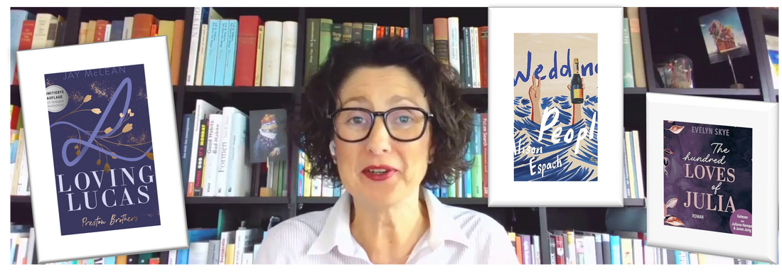 Screenshot aus dem Vodcast-Interview: Jennifer Rolle (LustLektüre) über die Bücher Loving Lucas, The Hundred Loves of Julia, Wedding People. An den Rändern die Buchcover eingeblendet.