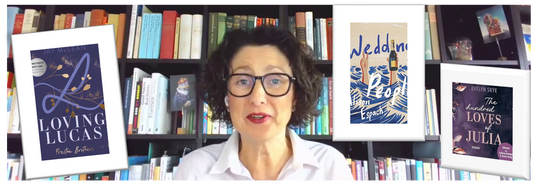 Screenshot aus dem Vodcast-Interview: Jennifer Rolle (LustLektüre) über die Bücher Loving Lucas, The Hundred Loves of Julia, Wedding People. An den Rändern die Buchcover eingeblendet.
