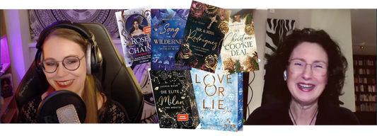 Screenshot aus dem Vodcast-Interview: Jennifer Rolle (LustLektüre) im Gespräch mit Buchcoverdesignerin, Jennifer Schattmaier über ihr Metier. In der Mitte die besprochenen Buchcover eingeblendet.