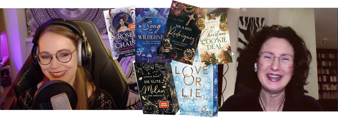 Screenshot aus dem Vodcast-Interview: Jennifer Rolle (LustLektüre) im Gespräch mit Buchcoverdesignerin, Jennifer Schattmaier über ihr Metier. In der Mitte die besprochenen Buchcover eingeblendet.