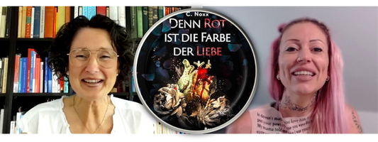 Screenshot aus dem Vodcast-Interview: Jennifer Rolle (LustLektüre) im Gespräch mit C. Noxx über ihr Buch Denn Rot ist die Farbe der Liebe. In der Mitte das Buchcover eingeblendet.