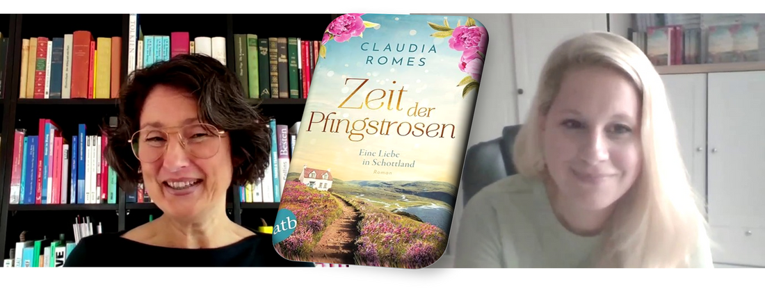 Screenshot aus dem Vodcast-Interview: Jennifer Rolle (LustLektüre) im Gespräch mit Claudia Romes über ihr Buch Zeit der Pfingstrosen. In der Mitte das Buchcover eingeblendet.