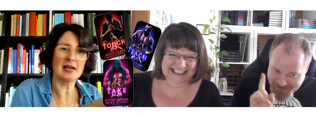 Screenshot aus dem Vodcast-Interview Teil 2: Jennifer Rolle (LustLektüre) im Gespräch mit Kitty und Mike Stone über ihre Dark Desires-Reihe. In der Mitte das Buchcover eingeblendet.