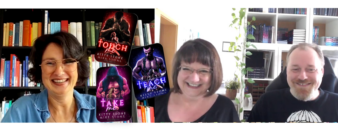 Screenshot aus dem Vodcast-Interview: Jennifer Rolle (LustLektüre) im Gespräch mit Kitty und Mike Stone über ihre Dark Desires-Reihe. In der Mitte die Buchcover eingeblendet.